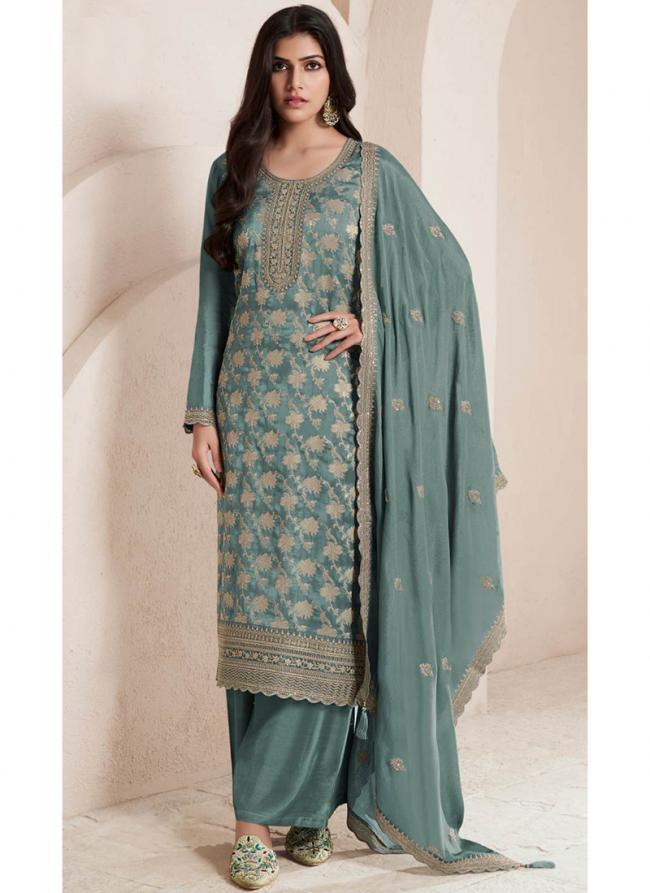 Silk Teal Ceremonial Wear Embroidery Work Plazzo Suit